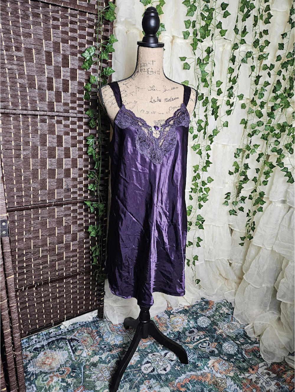 Vintage Purple Satin Lace Slip Dress Medium Y2K Coquette Whimsigoth